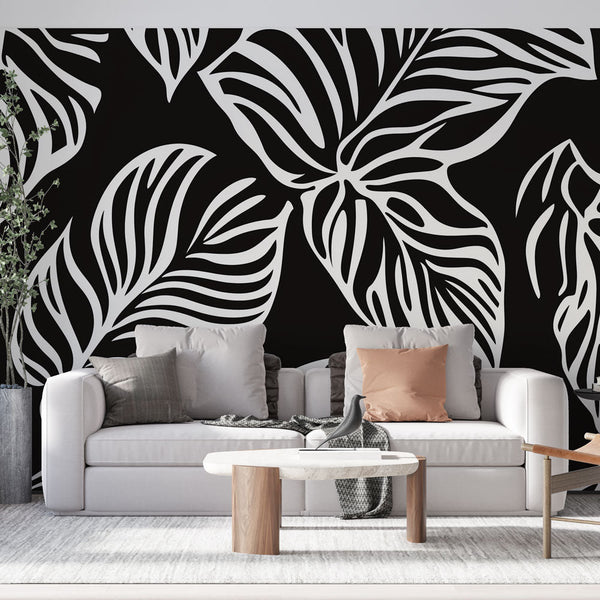 Black & White Foliage Wallpaper | Stylized Leaves Wall Mural