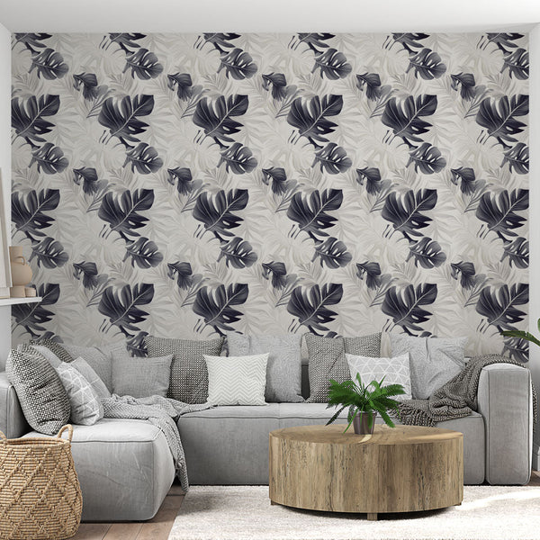 Black White Foliage Wallpaper | Tropical Leaves Wall Mural Mono