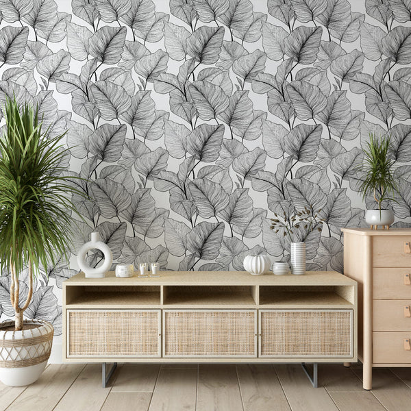 Leaf Wallpaper | Black and White Botanical Wall Mural