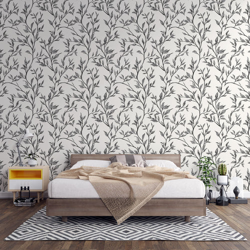 Black and white foliage wallpaper with branches and leaves on light background
