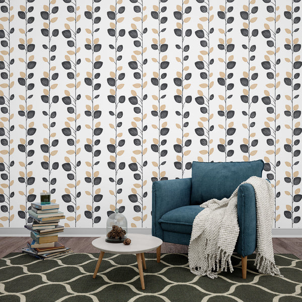 Black Gold Foliage Wallpaper | Vertical Leaf Stem Mural
