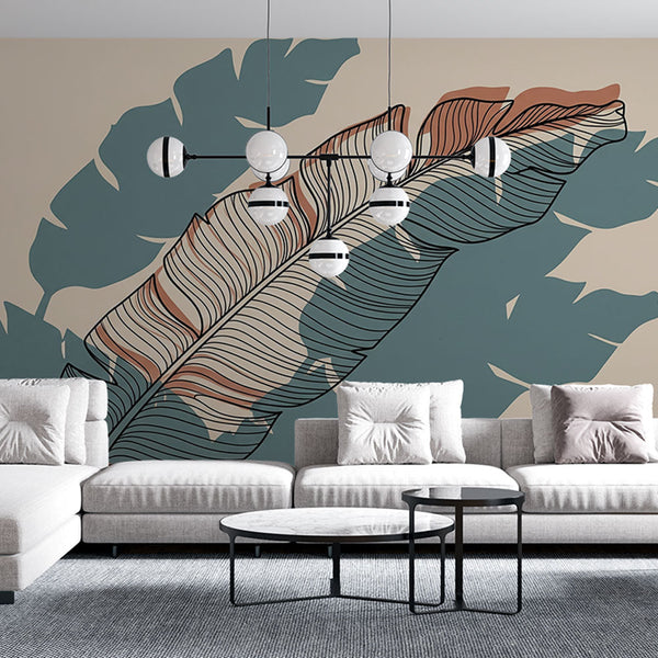Stylized Foliage Wallpaper | Soft Ocher and Blue Leaf Outlines