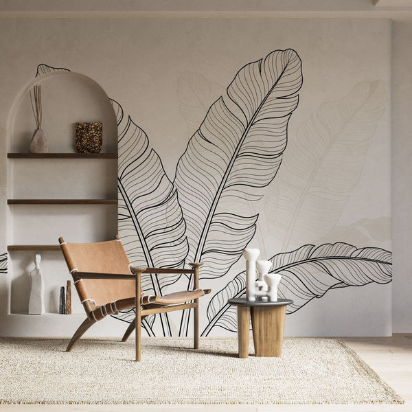 Sophisticated Leaf Wallpaper | Black Outlines on Pure White