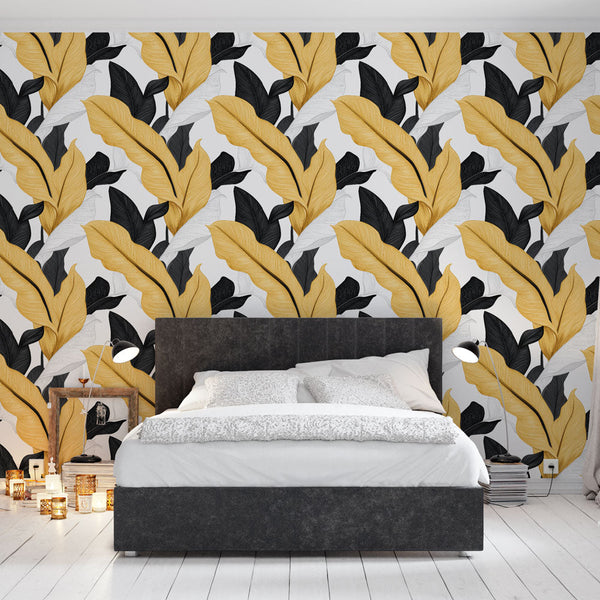 Tropical Yellow & Black Leaf Wallpaper on White