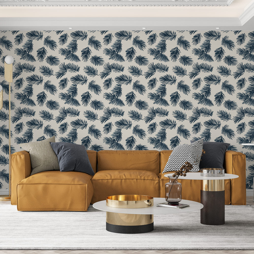 Tropical Foliage Wallpaper | Navy Palm Leaves on Light