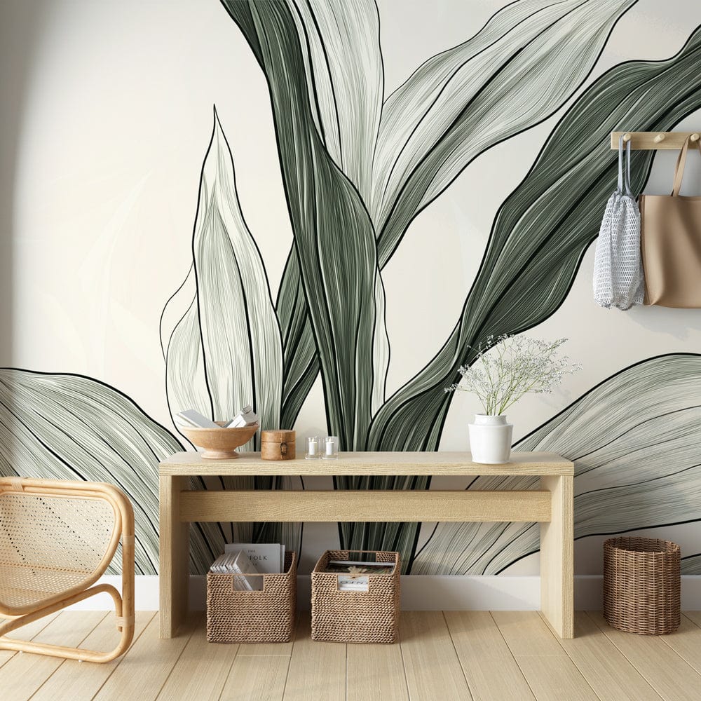 Abstract banana leaf wallpaper with delicate graphic contours on light background