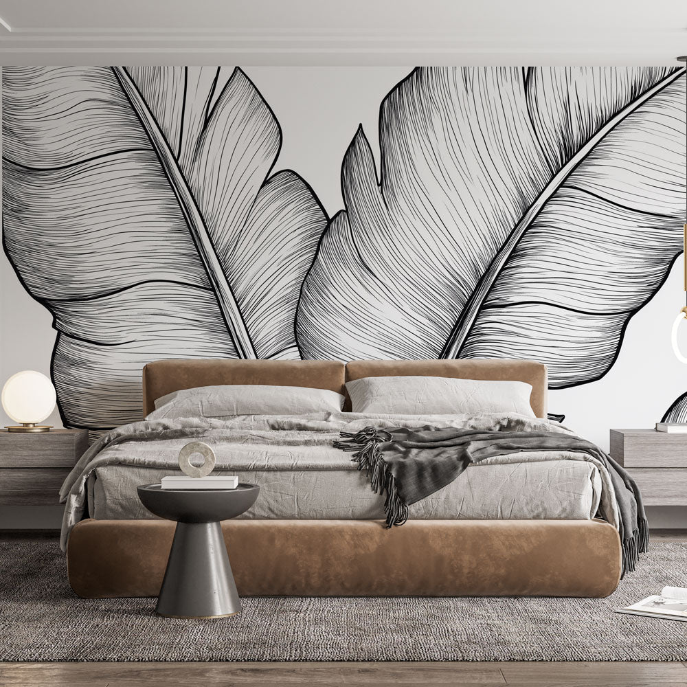 Banana Leaf Wallpaper | Black and White Illustrated Leaves
