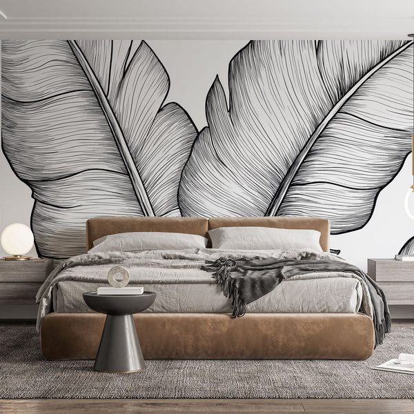 Banana Leaf Wallpaper | Black and White Illustrated Leaves