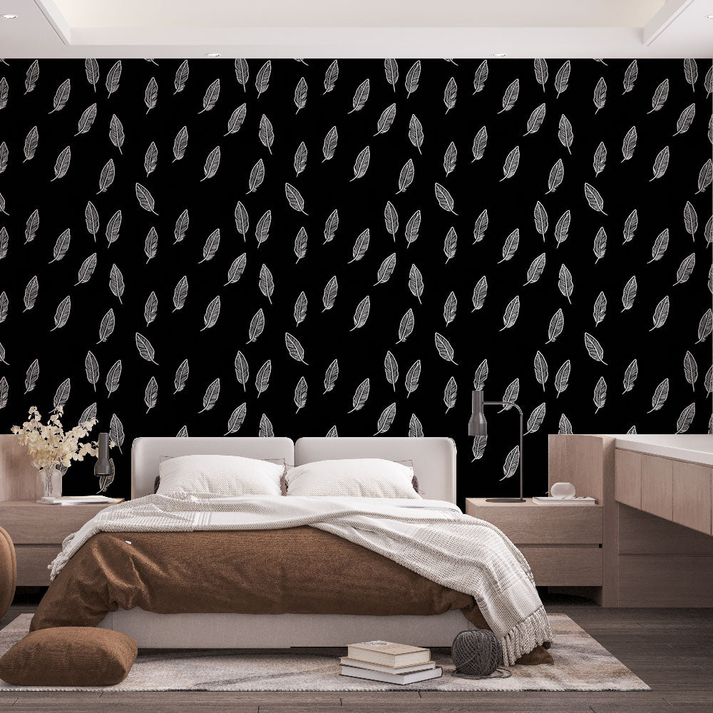 White Leaf Wallpaper | Fine Leaves on a Deep Black Ground