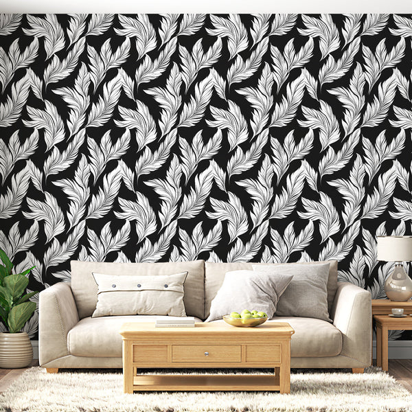 White Leaves on Black Wallpaper | Bold Modern Wall Mural