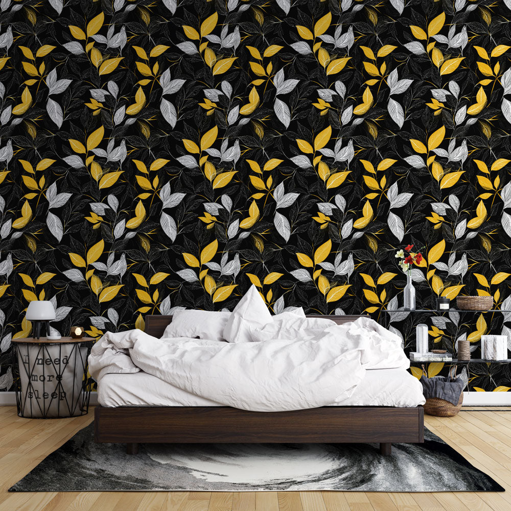Colourful Leaves Wallpaper | Yellow & White Black Mural