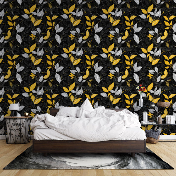 Colourful Leaves Wallpaper | Yellow & White Black Mural