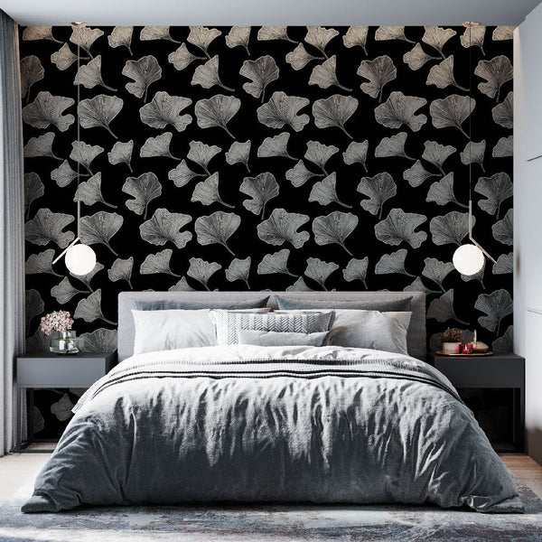 Maple Leaves Wallpaper | White Foliage Wall Mural on Black