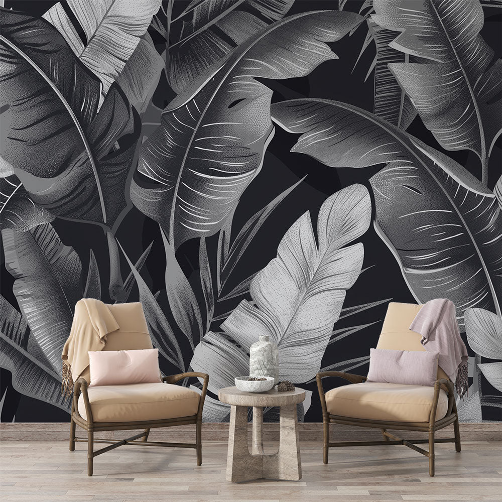 Black White Banana Leaf Wallpaper | Wall Mural
