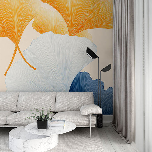 Ginkgo Leaves Wallpaper | Aubergine and Navy Wall Mural