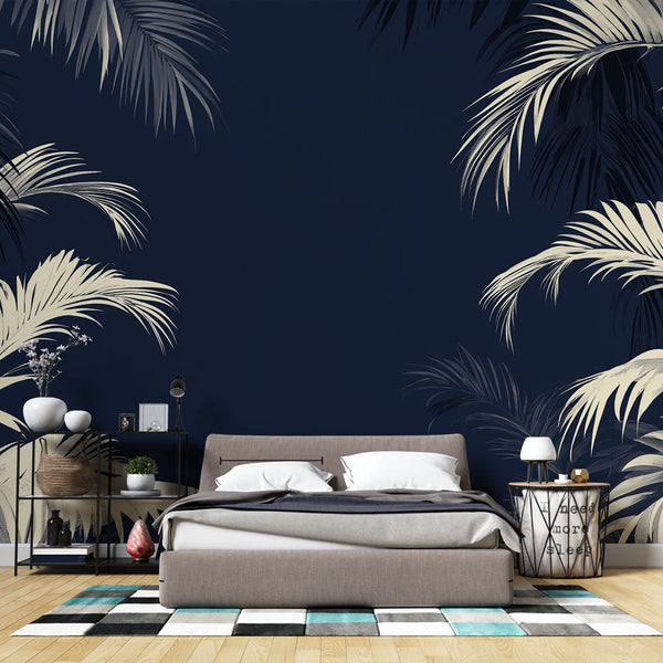 Teal Palm Leaf Wallpaper | Black & White Tropical Mural