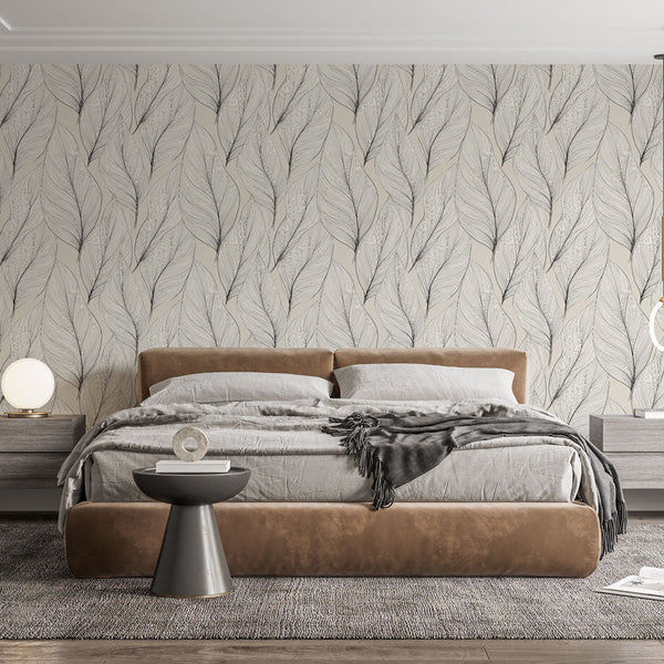 Delicate Leaf Wallpaper | Black Foliage on Soft Beige