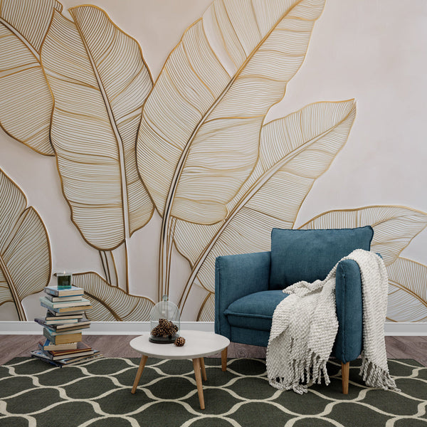 Gold Leaf Wallpaper | Refined Foliage Outlines on a Soft Ground