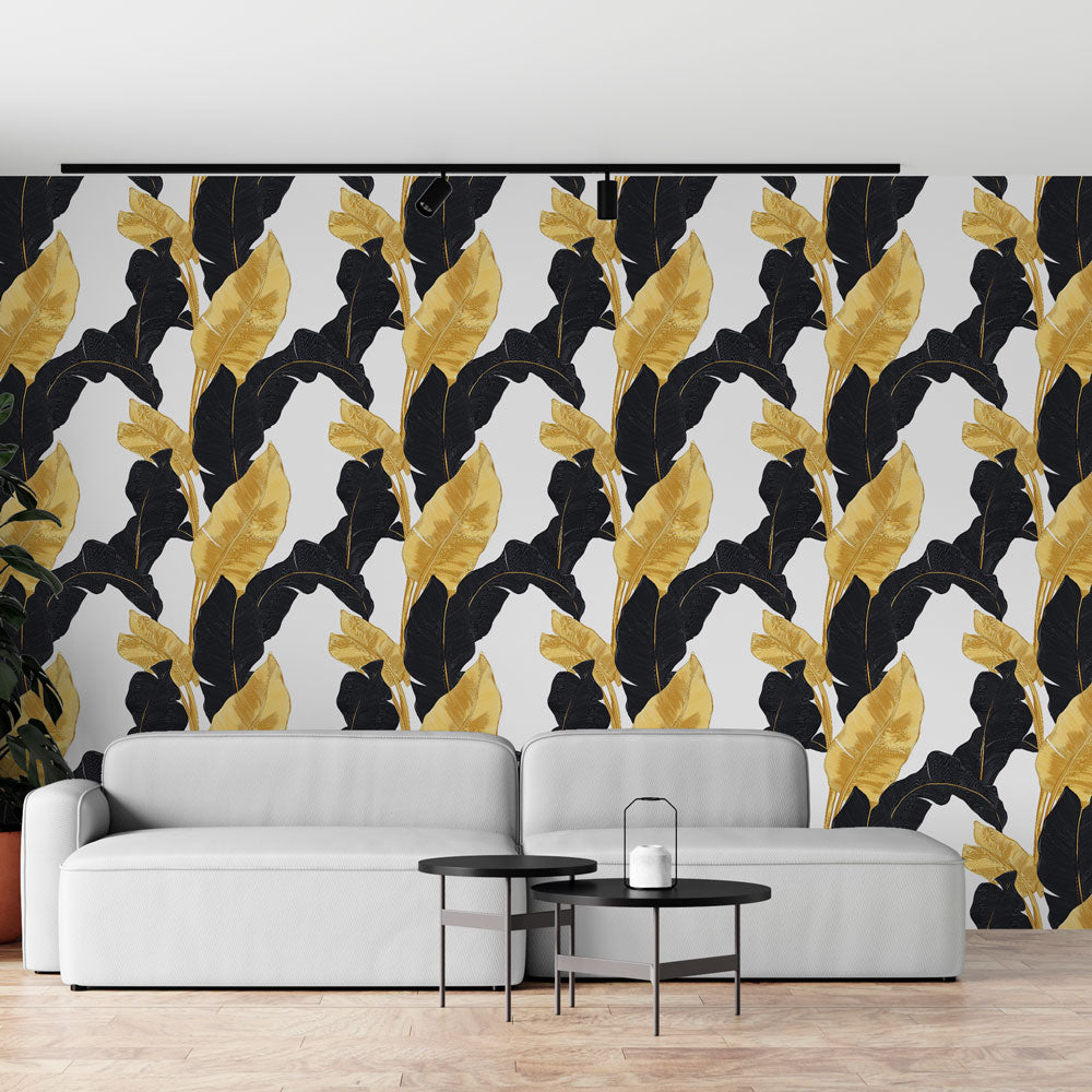 Golden & Black Stylised Leaf Wallpaper on White