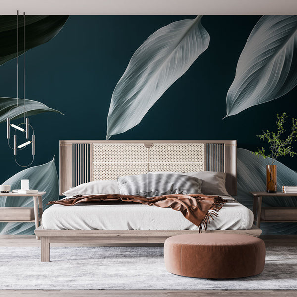 Teal Elegant Leaf Wallpaper | Green & White Wall Mural
