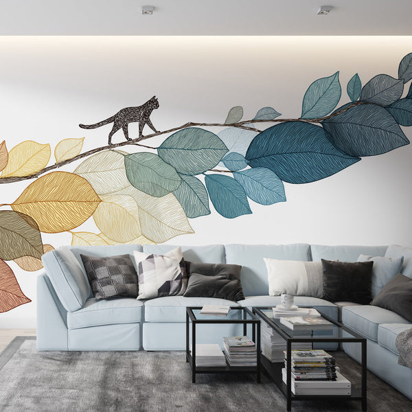 Cat and Colorful Leaves Wallpaper | Artistic Foliage Mural