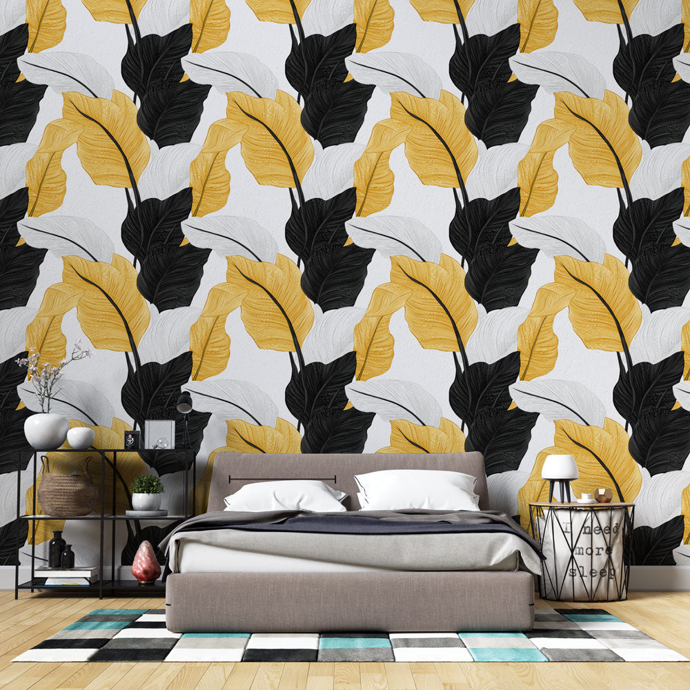 Elegant Black White & Yellow Leaf Wallpaper