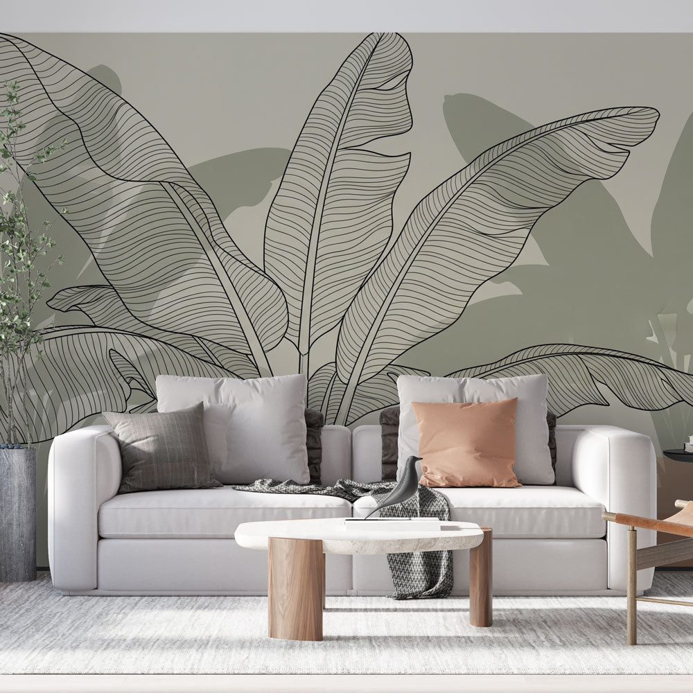 Minimalist Leaf Wallpaper | Line Art Plants in Green and Clay