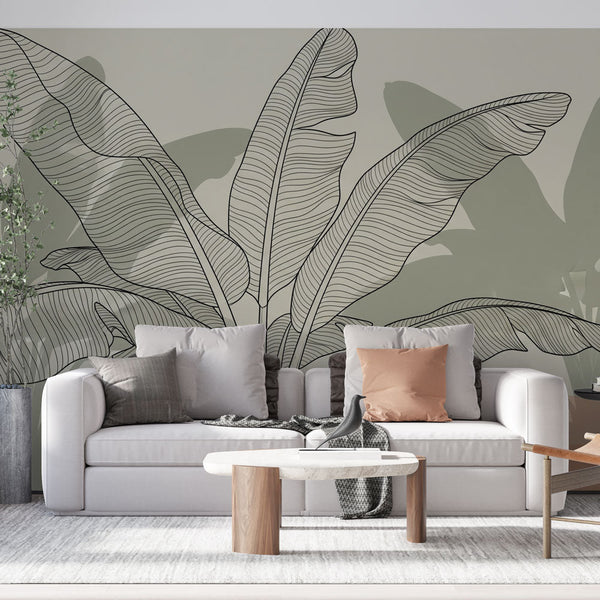 Minimalist Leaf Wallpaper | Line Art Plants in Green and Clay