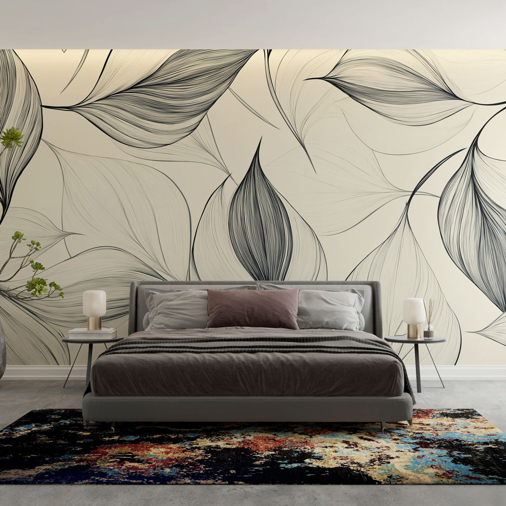 Minimalist Leaves Wallpaper | Black White Wall Mural Elegant