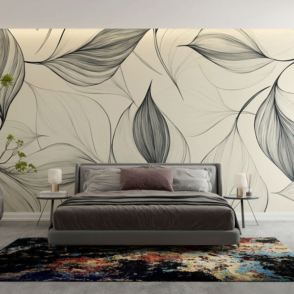 Minimalist Leaves Wallpaper | Black White Wall Mural Elegant