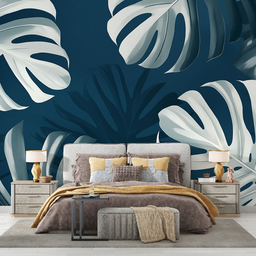 Monstera Leaves Wallpaper | Sophisticated Teal Tropical Mural