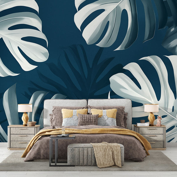 Monstera Leaves Wallpaper | Sophisticated Teal Tropical Mural