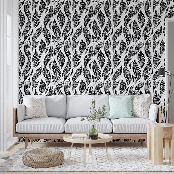Black and White Leaf Wallpaper | Bold Stylized Foliage Print