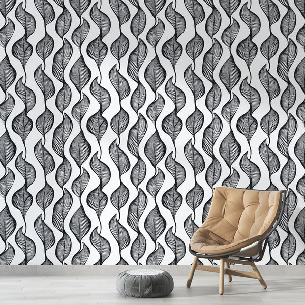 Black and White Leaf Wallpaper | Curving Leaves on White