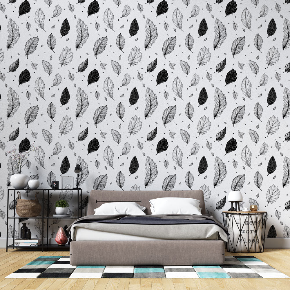 Black and White Leaf Wallpaper | Hand-Drawn Foliage Mural
