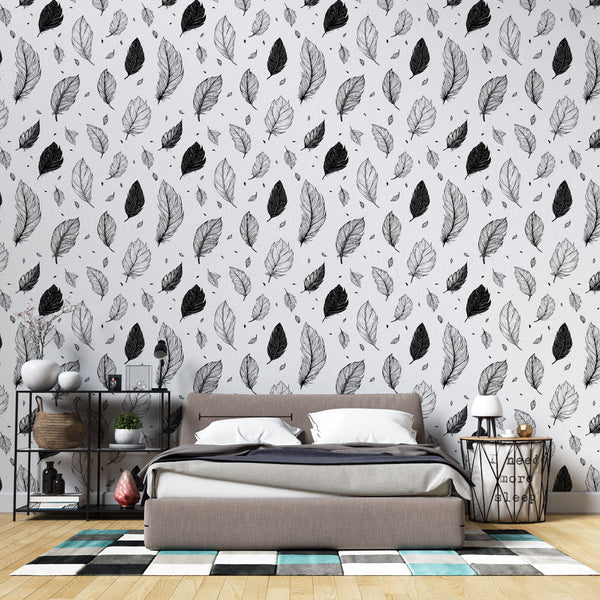 Black and White Leaf Wallpaper | Hand-Drawn Foliage Mural