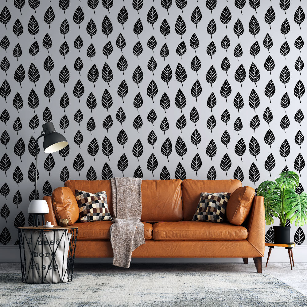 Black Leaf Wallpaper | Graphic Foliage on Bright White Ground