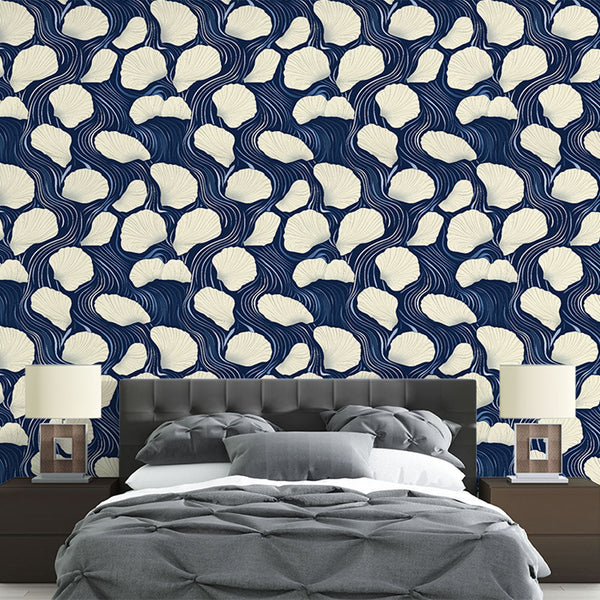 Wavy Leaf Wallpaper | White Leaves on a Navy Ground