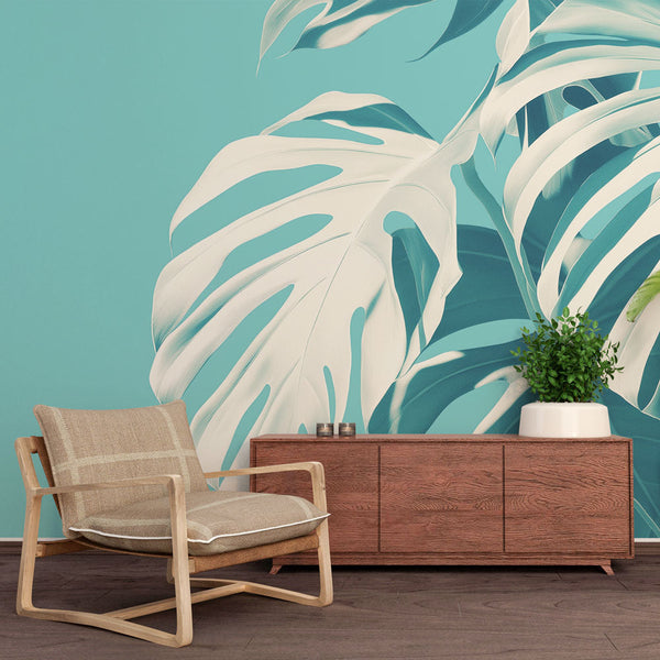 Teal Monstera Tropical Wallpaper | Turquoise Wall Mural