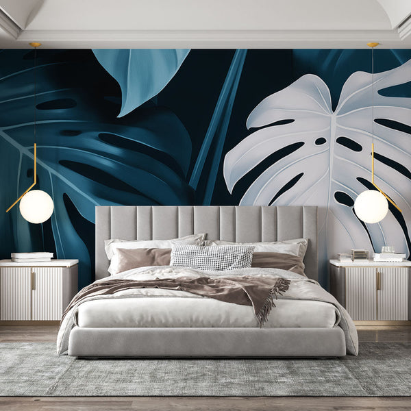 Tropical Teal Leaves Wallpaper | White Blue Deep Mural