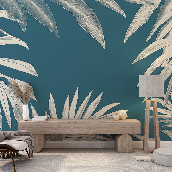 Tropical Leaves Wallpaper | Botanical Wall Mural on Teal Blue