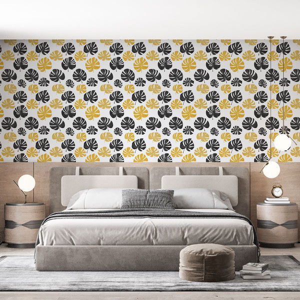 Tropical Black & Gold Leaf Wallpaper on White