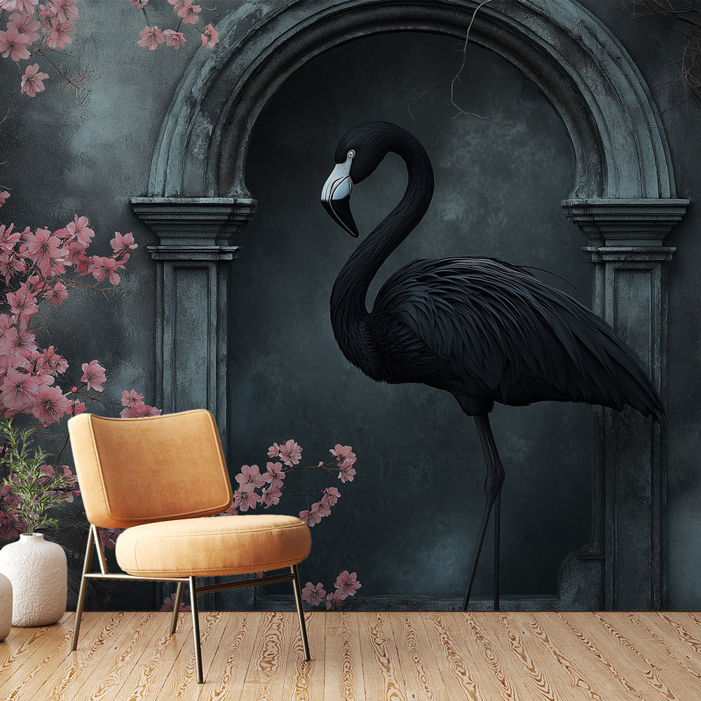 Black Flamingo Wallpaper | Elegant Bird Antique Frame Wall Mural