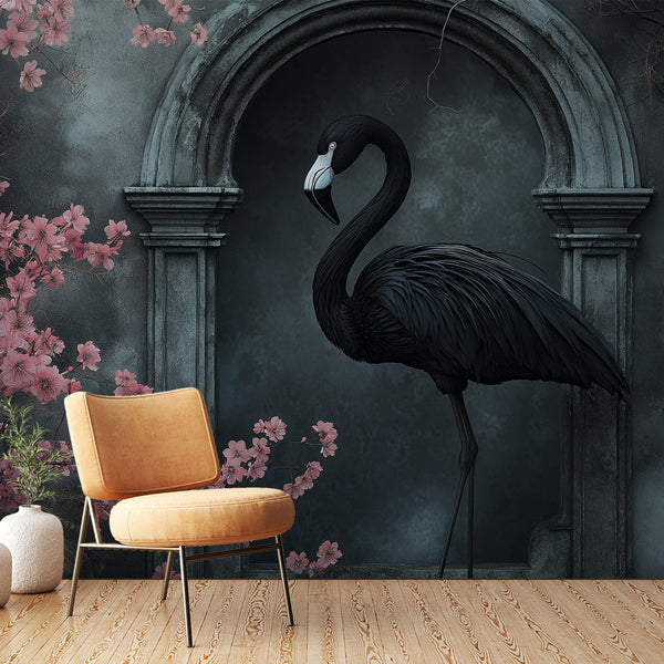 Black Flamingo Wallpaper | Elegant Bird Antique Frame Wall Mural