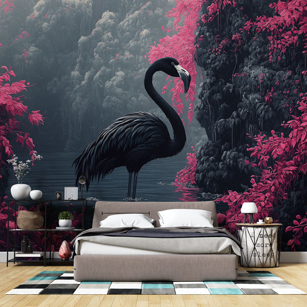 Black Flamingo Wallpaper | Majestic Bird in Pink Foliage