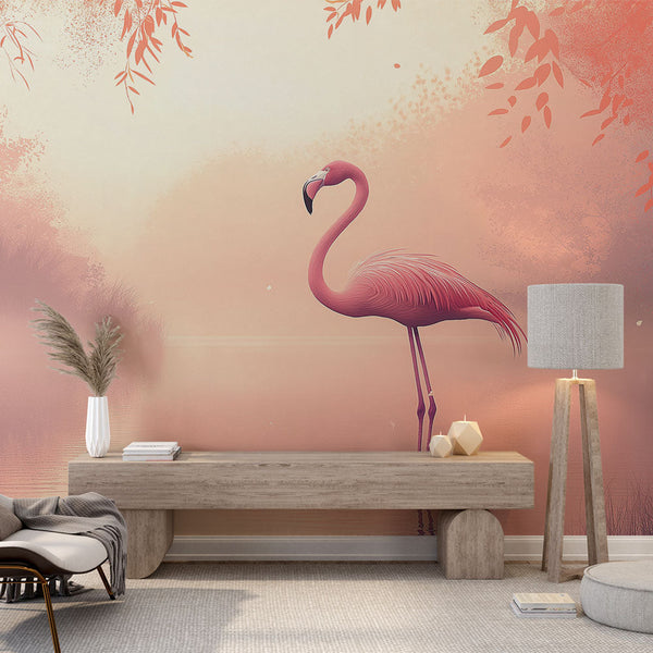 Pink Flamingo Wallpaper | Aquatic Elegance Pastel Landscape Wall Mural