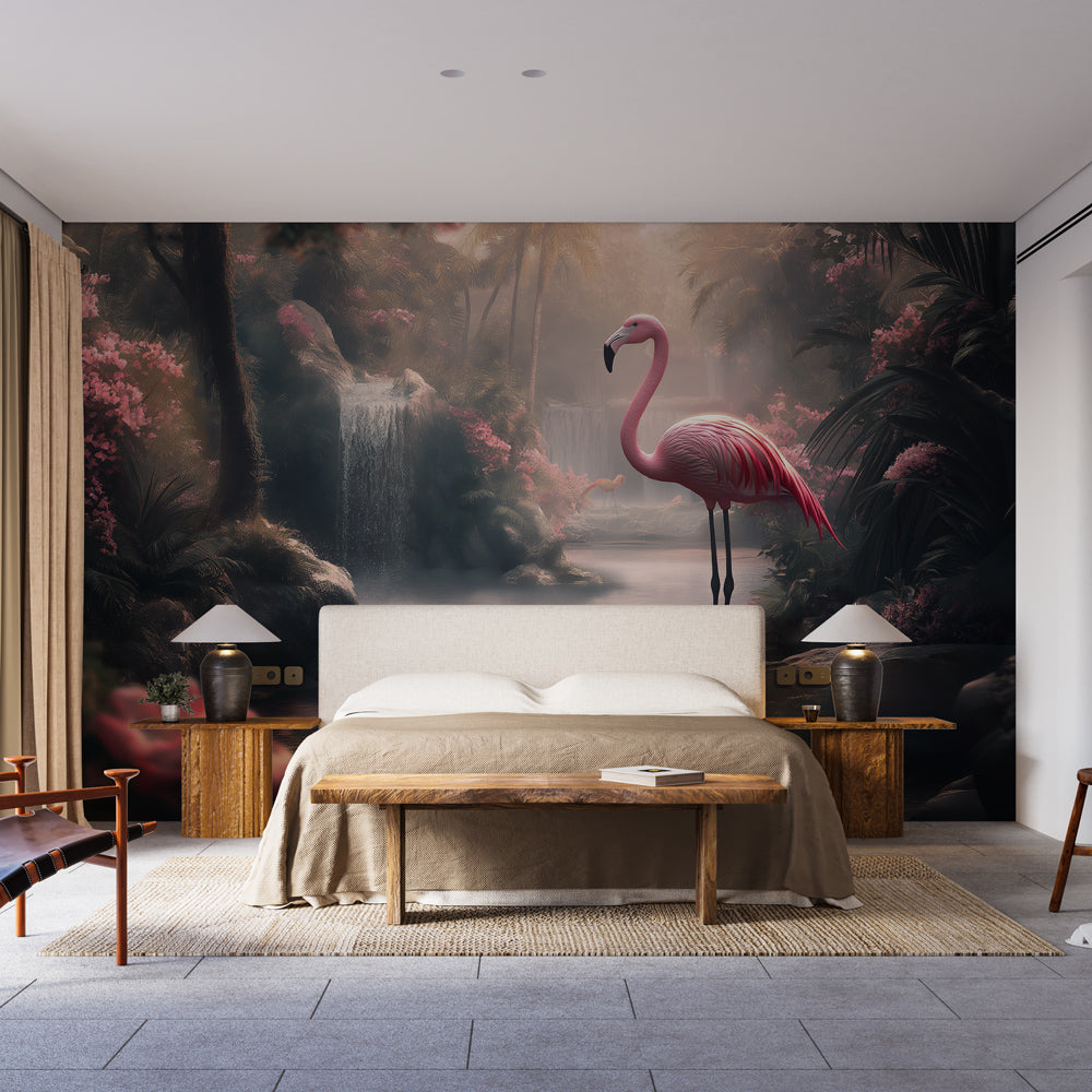 Flamingo Waterfall Wallpaper | Tropical Escape Wall Mural