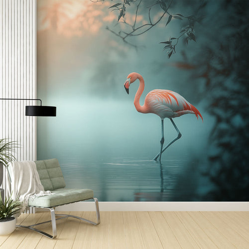 Elegant flamingo wallpaper showing pink bird in serene misty pastel landscape scene