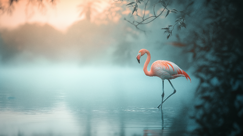 Elegant Flamingo Wallpaper | Serene Misty Wall Mural