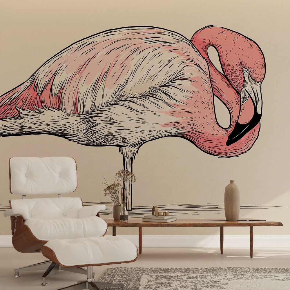 Flamingo Wallpaper | Stylized Pink Flamingo on a Light Ground